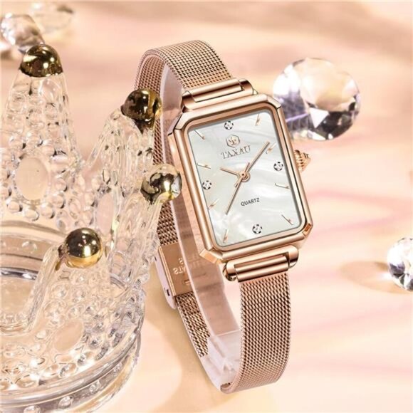 Rose Gold Tone Mesh Bracelet Stainless Steel Square Dress Watches for Women main image 5